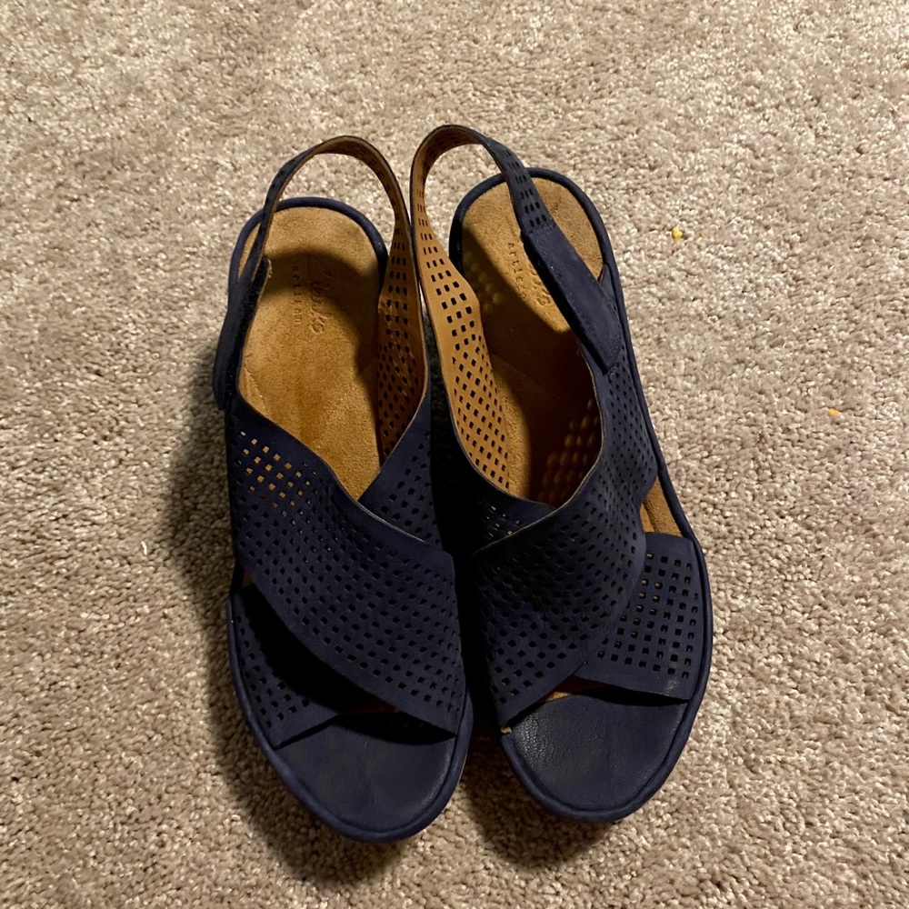 Clarks perforated leather sling back wedge sandals